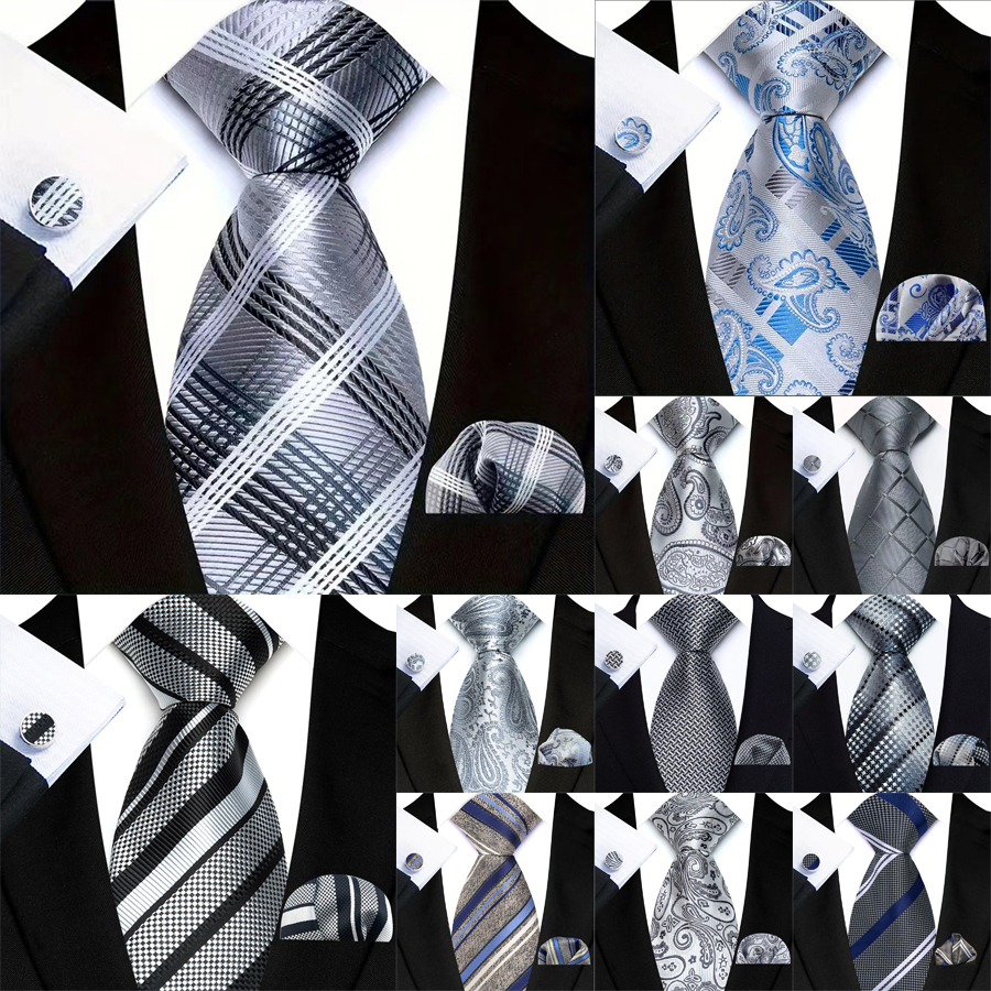 Cufflinks Silver Set - Luxury Silver Gray Men‘’s Tie Handkerchief