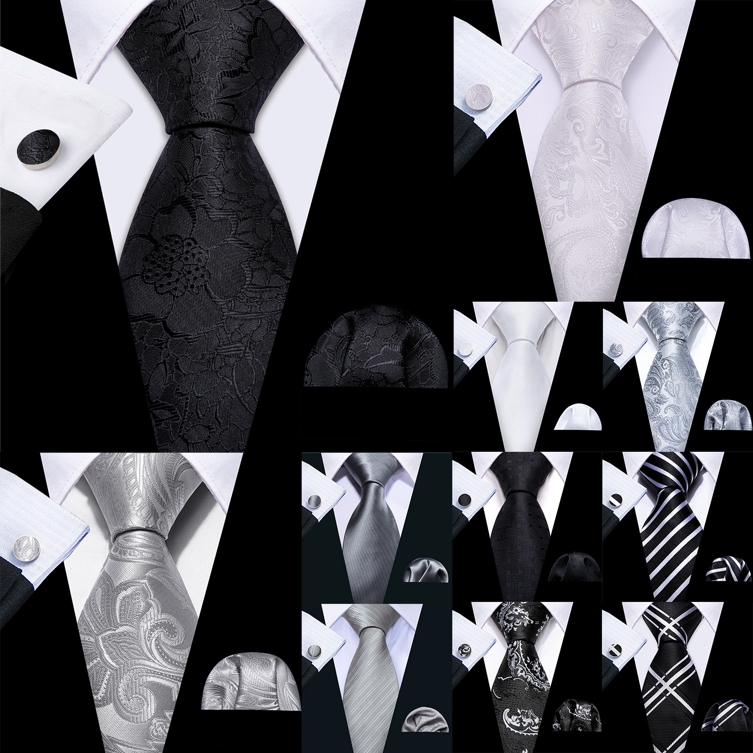 Cufflinks Silver Set - Barry.Wang Black White Gray Silver Men
