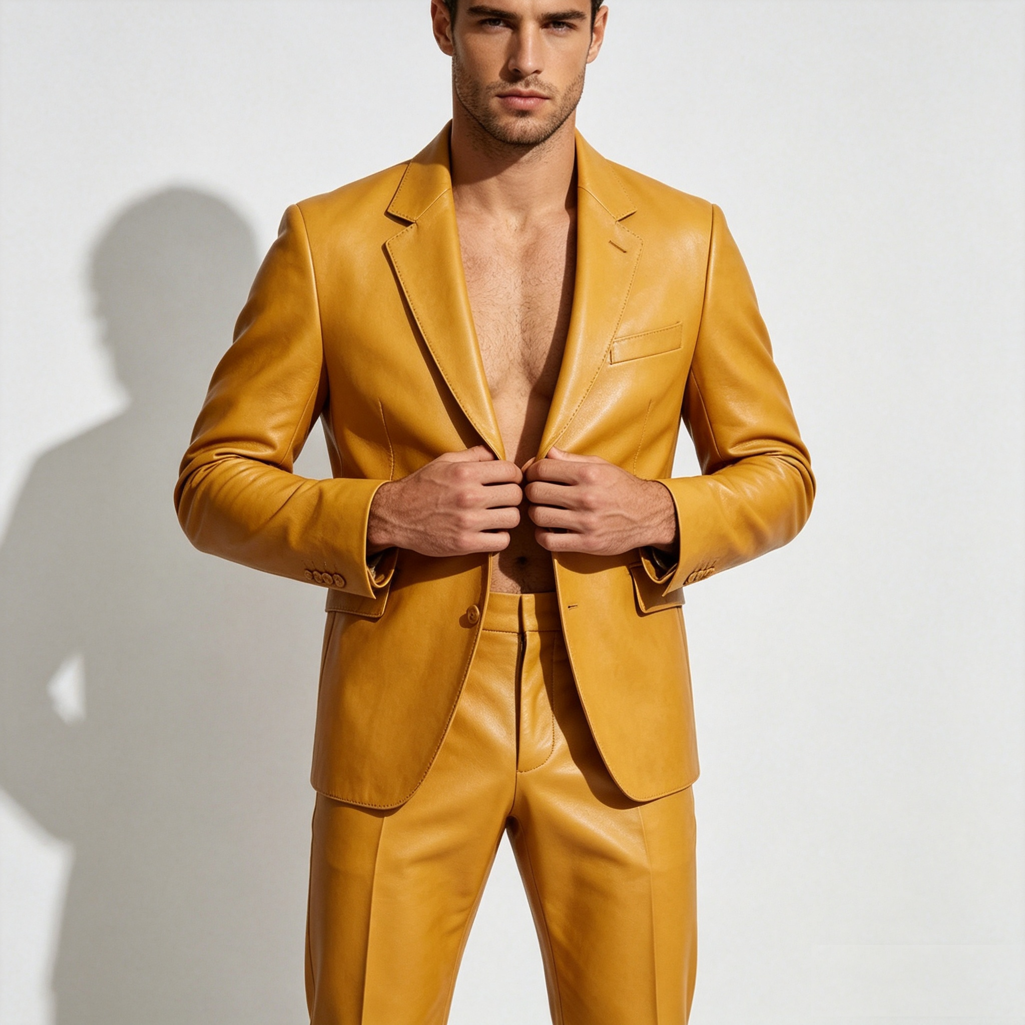 Yellow PU Leather Men Suit Set - مراجعة Formal Wear For Men Yellow وسعره