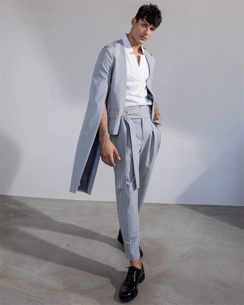 Pinstripe Grey Men Suit Set 2  - مراجعة Men Formal Wear With Coat وسعره
