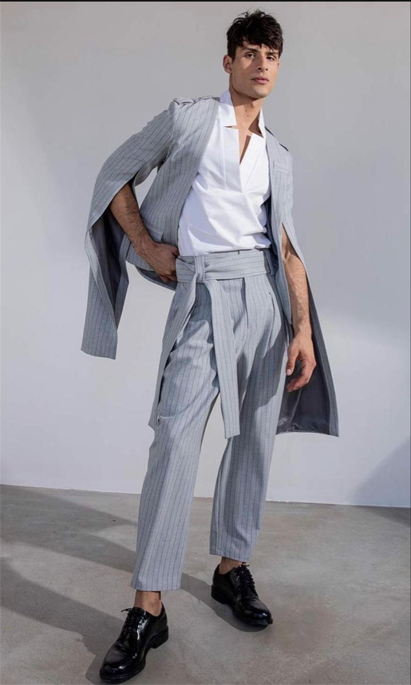 Pinstripe Grey Men Suit Set 2  - مراجعة Men Formal Wear With Coat وسعره