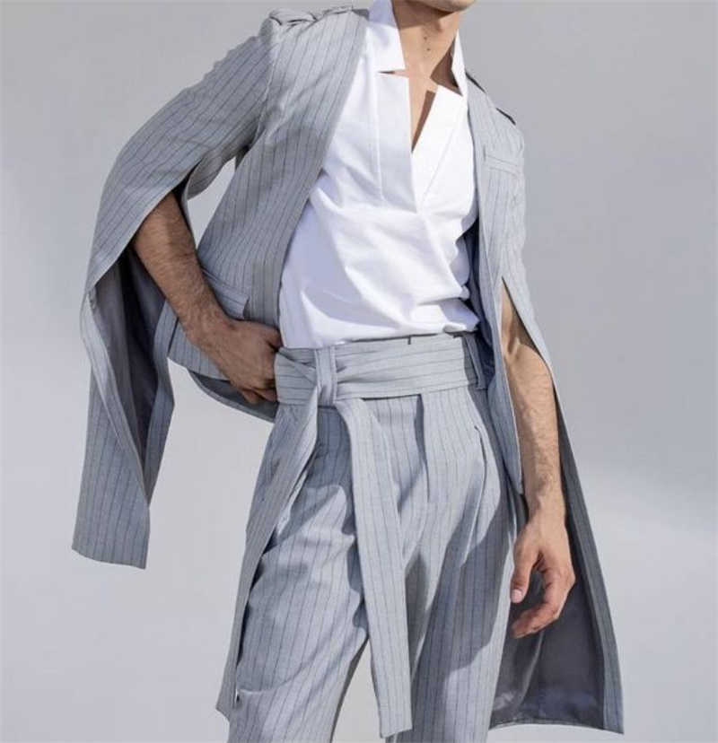 Pinstripe Grey Men Suit Set 2  - مراجعة Men Formal Wear With Coat وسعره