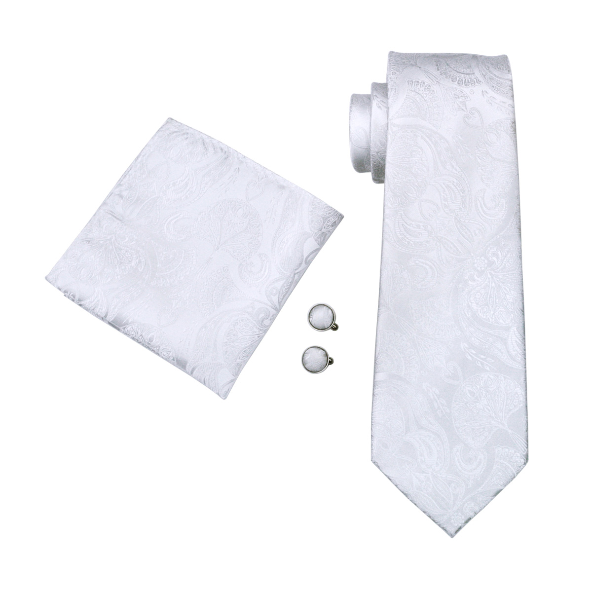 FA-393 Men's Tie White Paisley - مراجعة Cufflinks Silver Set وسعره