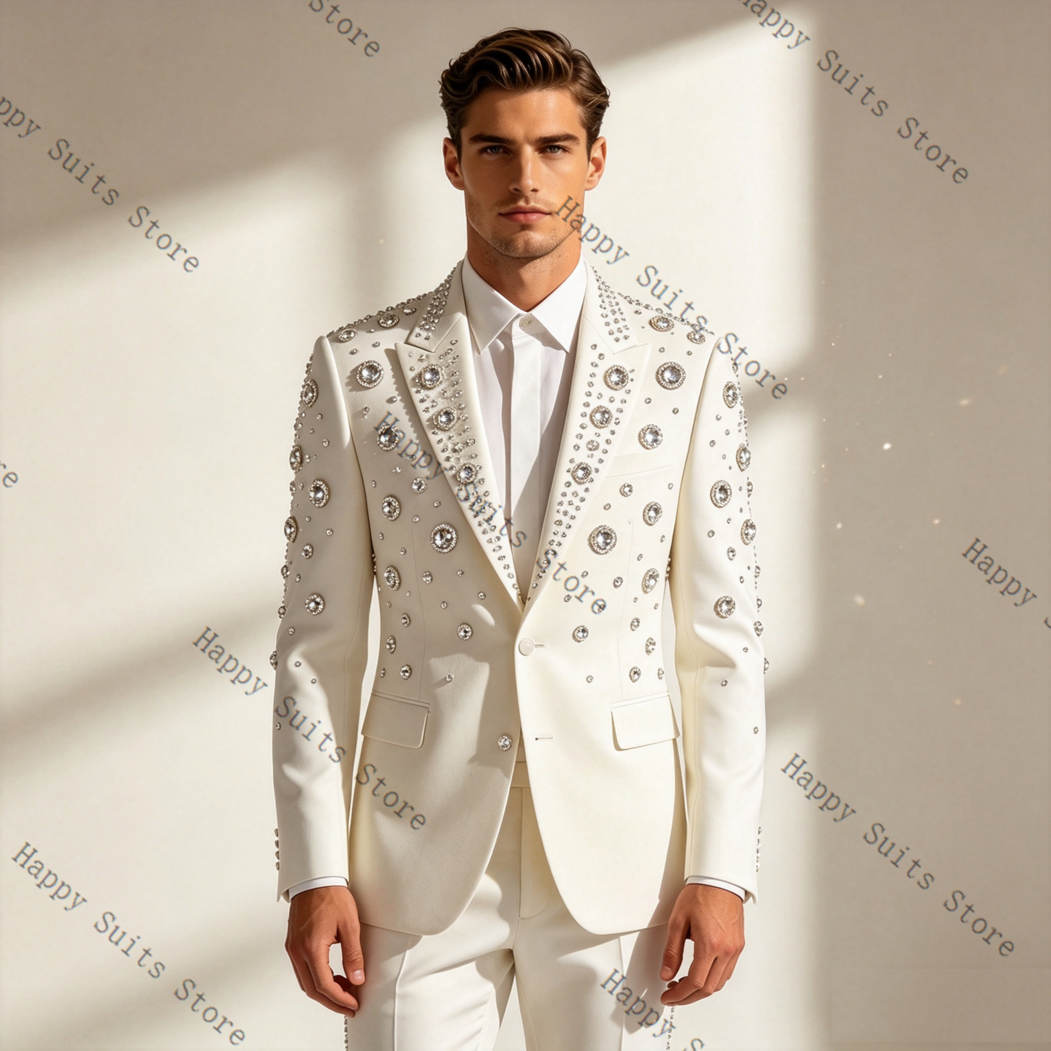 Crystals White Men Suit Set 2  - مراجعة Men Formal Wear With Coat وسعره