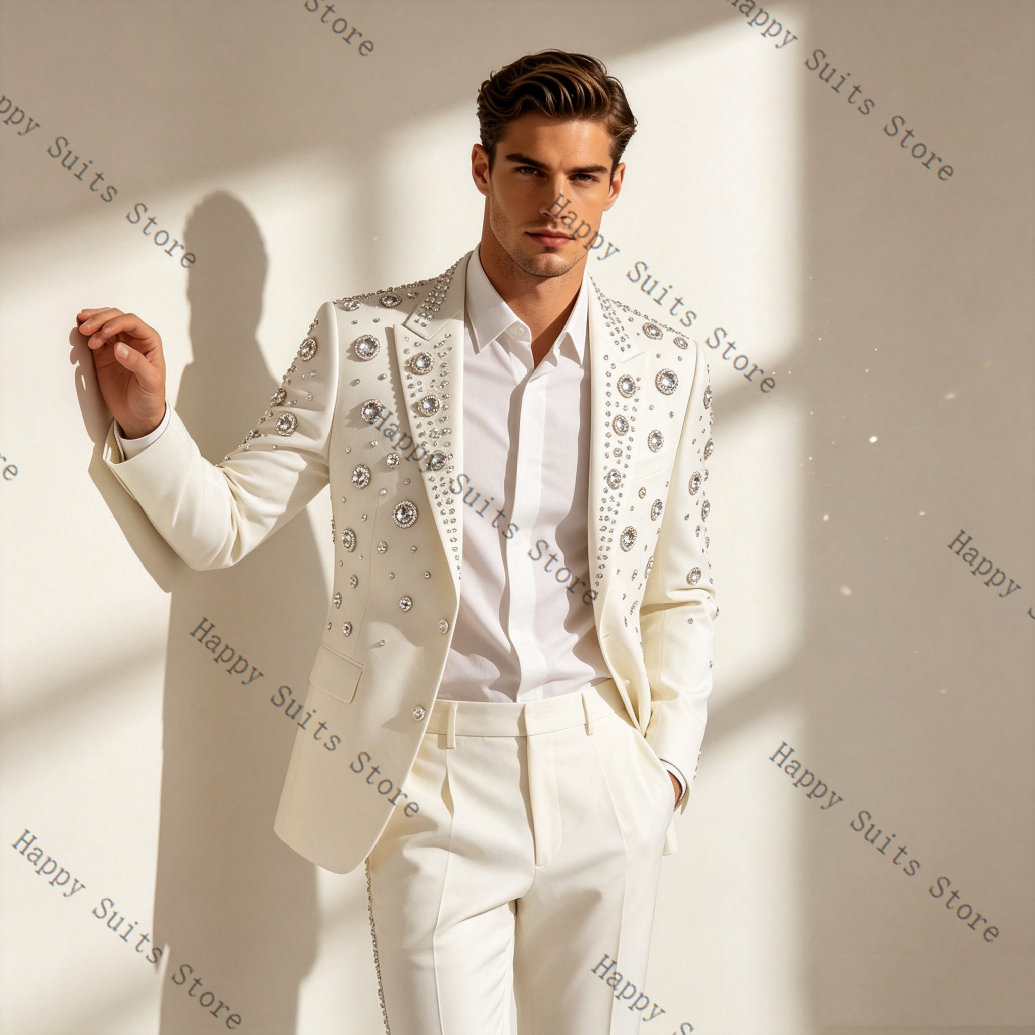 Crystals White Men Suit Set 2  - مراجعة Men Formal Wear With Coat وسعره