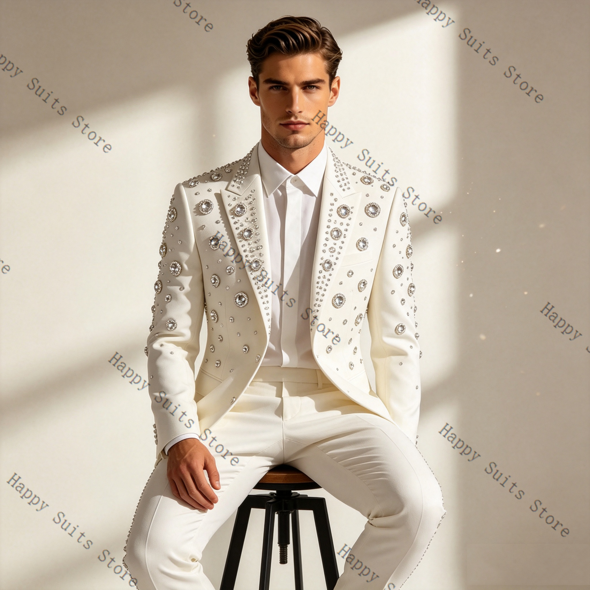Crystals White Men Suit Set 2  - مراجعة Men Formal Wear With Coat وسعره